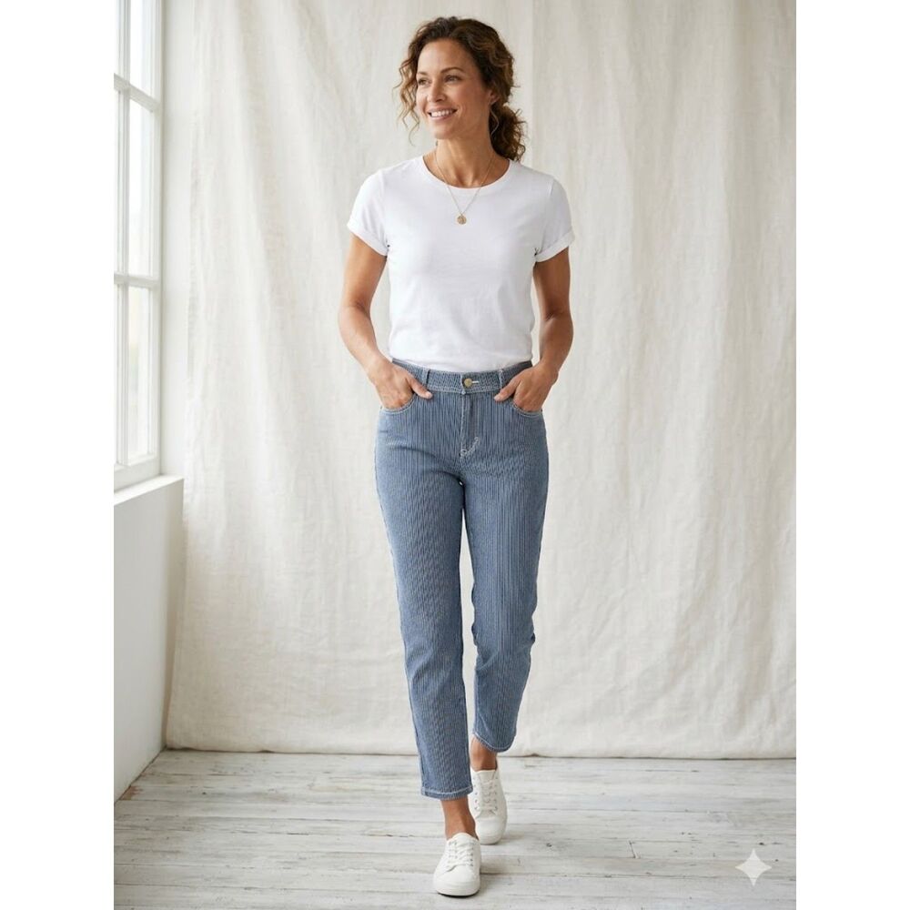 Chico's Women's Ankle Pants Blue White Pinstripe Size 1.5 (US 10-12) Stretch